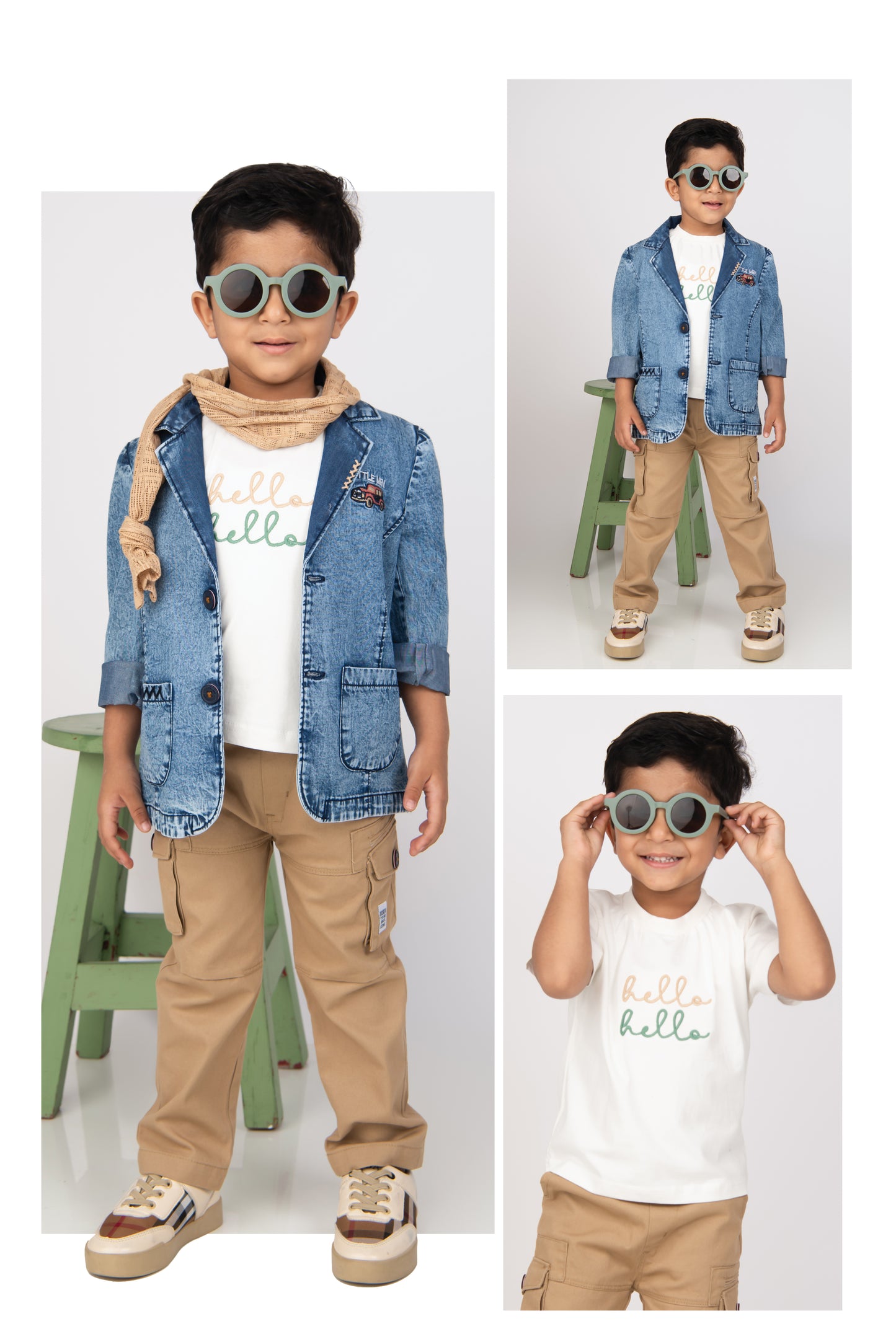 Super Handsome Full Sleeves Denim Coat with Cotton Trousers, Half Sleeves Tshirt and Stole- Khaki