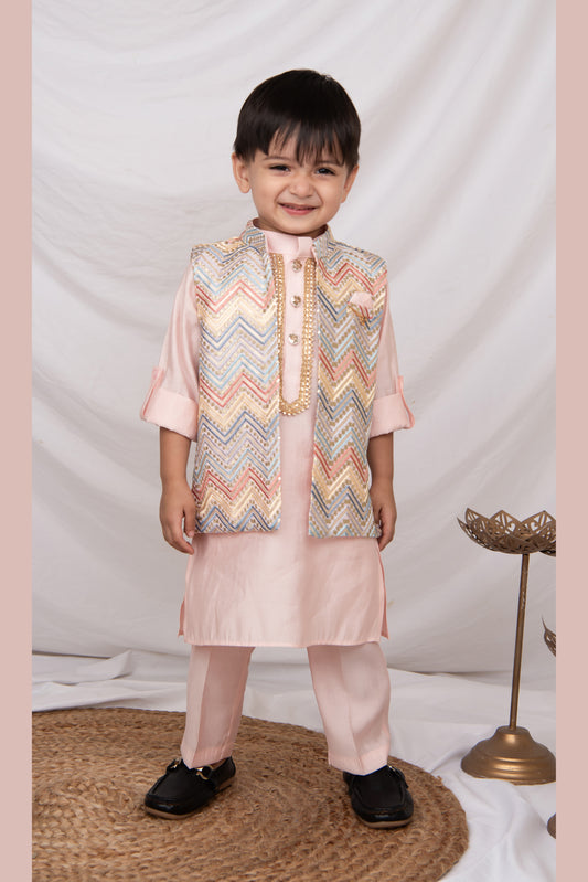 Little Collars Boys Festive Pink Heavy Embroidered Ethnic Nehru Jacket Kurta Pajama Set