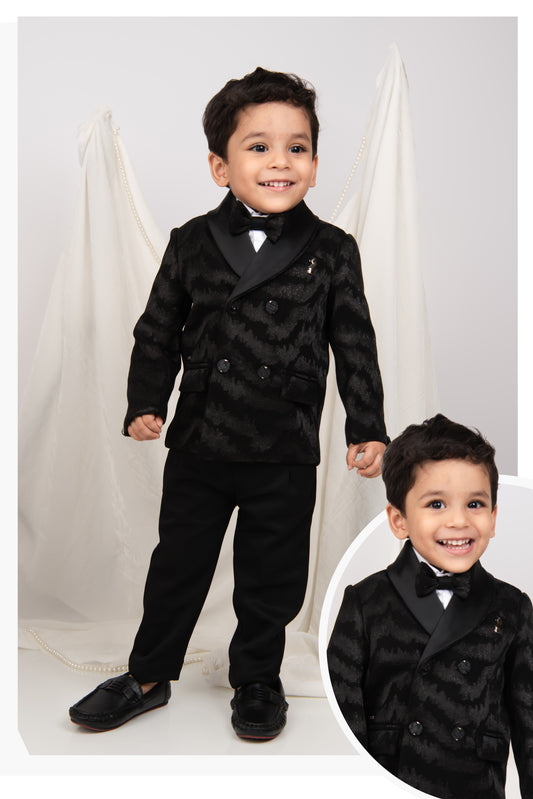 Blended Jaquard Woven Full Sleeves Coat Pant with Tuxedo Shirt and Bow Formal Coat Set- Black