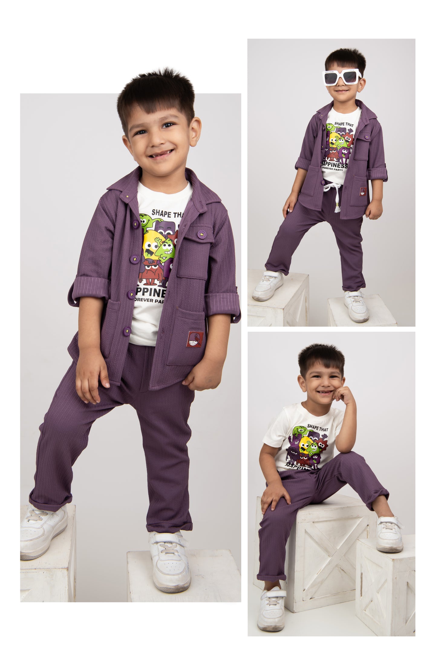 Boys Solid Bright Airport Look Coord with Tshirt Casual Set- Purple