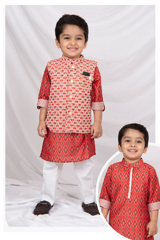 Boys Festive Embroidered Ikat Ethnic Nehru Jacket Kurta Pajama Set - Red