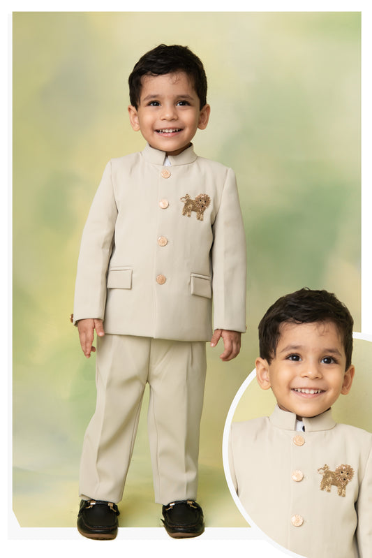 Terry Full Sleeves Lion Embroidered 3 Piece Party Suit Set- Beige