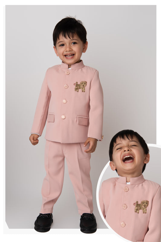 Terry Full Sleeves Lion Embroidered 3 Piece Party Suit Set- Pink