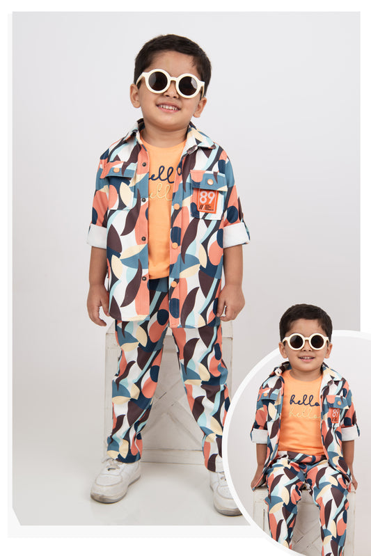Boys Abstract Printed Bright Airport Look Coord with Tshirt Casual Set- Peach