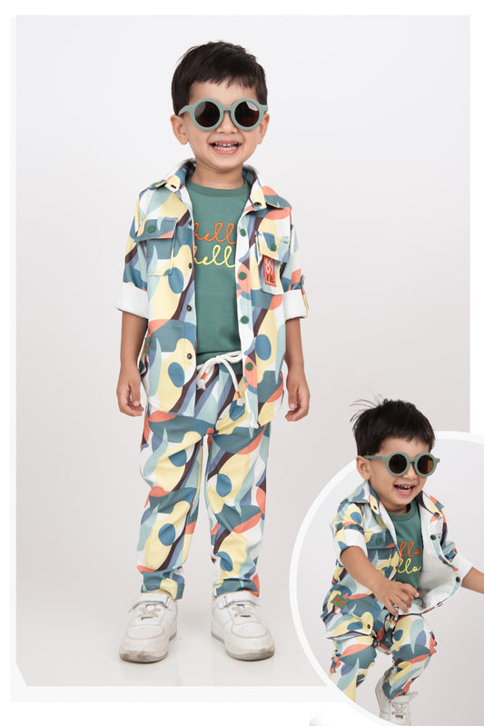 Boys Abstract Printed Bright Airport Look Coord with Tshirt Casual Set - Green