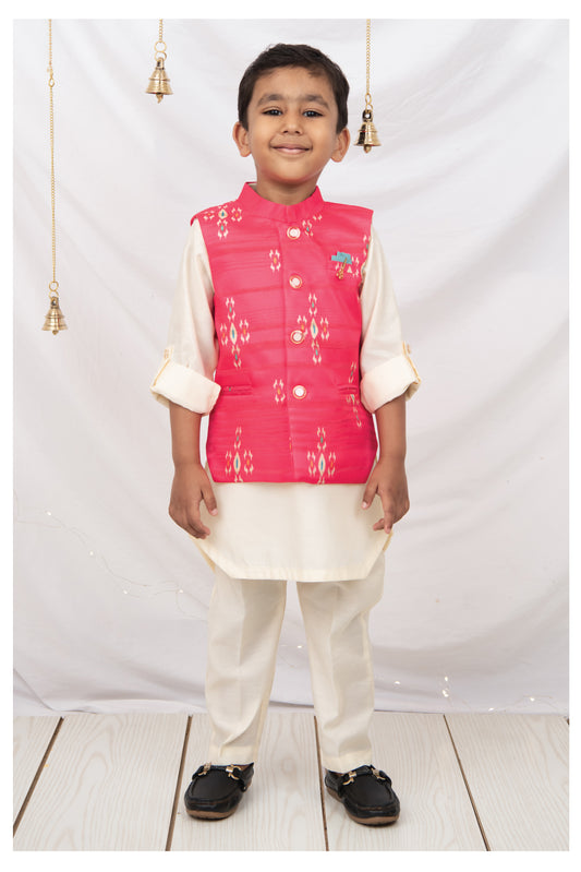Pink Boys Ikat Printed Bright Ethnic Jacket Full Sleeves Kurta Pajama Set