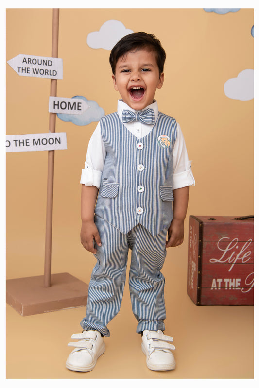 Cotton Woven Full Sleeves Striped Animal Logo Waistcoat Jacket Pant with Solid Shirt & Bow Coord Set- Blue