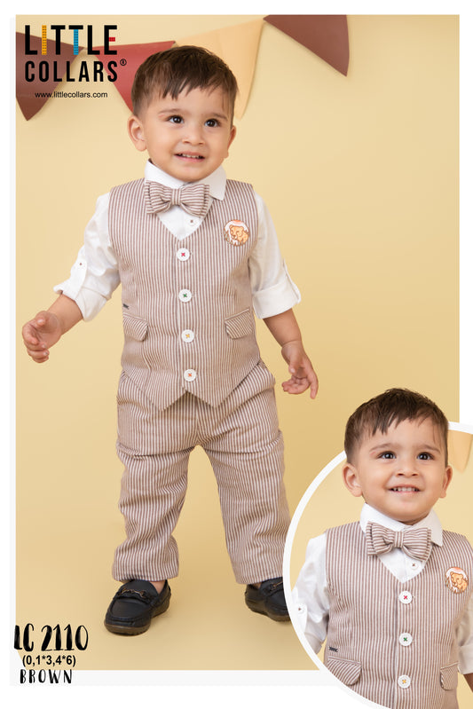 Cotton Woven Full Sleeves Striped Animal Logo Waistcoat Jacket Pant with Solid Shirt & Bow Coord Set- Brown