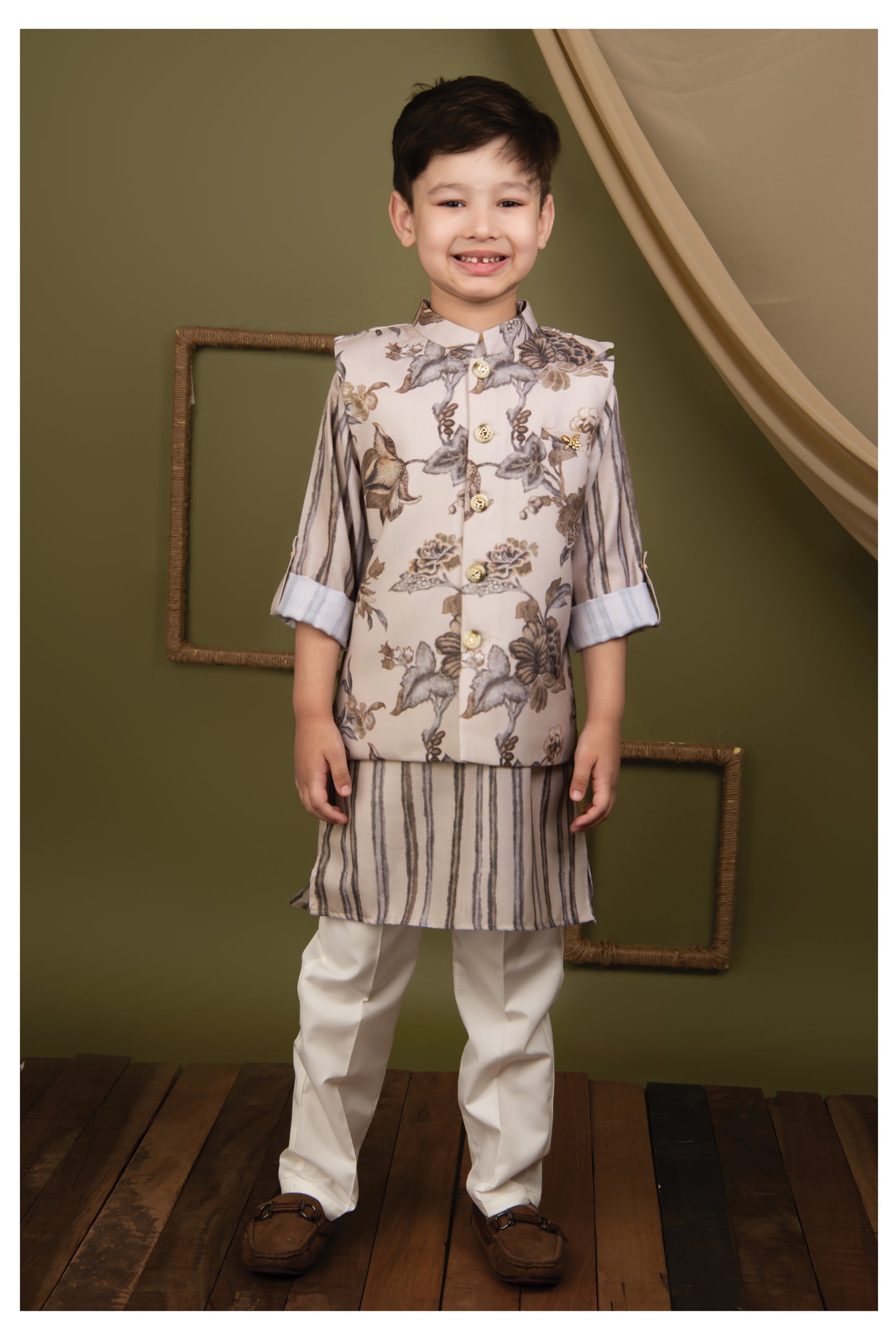 Silk Blend Woven Full Sleeves Floral and Stripes Printed Aesthetic Ethnic Jacket Kurta Pajama Set - Cream