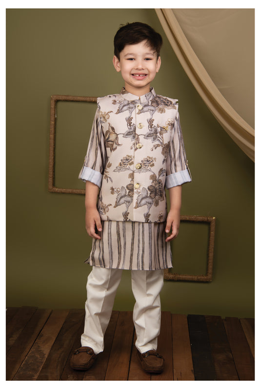 Silk Blend  Woven Full Sleeves Floral and Stripes Printed Aesthetic Ethnic Jacket Kurta Pajama Set - Cream