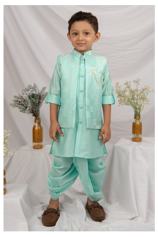 Blended Silk Embellished and Embroidered Woven Full Sleeves Pack of 4 Kurta Dhoti with open Nehru Jacket and Brooch Pin Ethnic Set- Mint