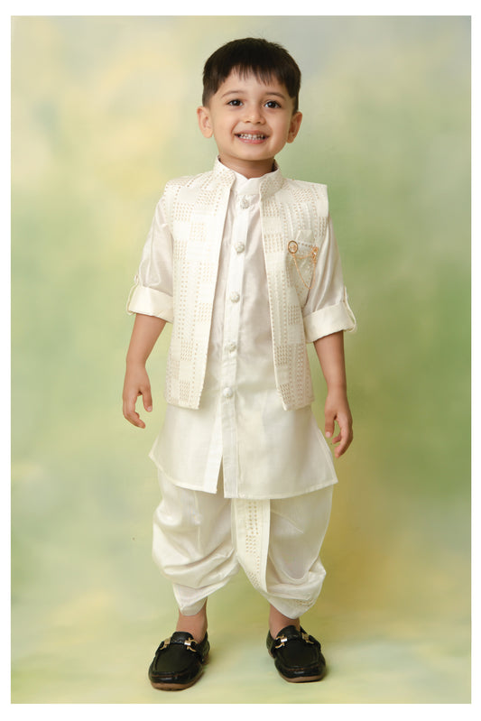 Blended Silk Embellished and Embroidered Woven Full Sleeves Pack of 4 Kurta Dhoti with open Nehru Jacket and Brooch Pin Ethnic Set- Off White