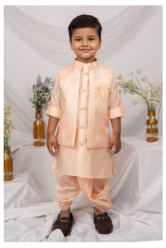 Blended Silk Embellished and Embroidered Woven Full Sleeves Pack of 4 Kurta Dhoti with open Nehru Jacket and Brooch Pin Ethnic Set- Peach