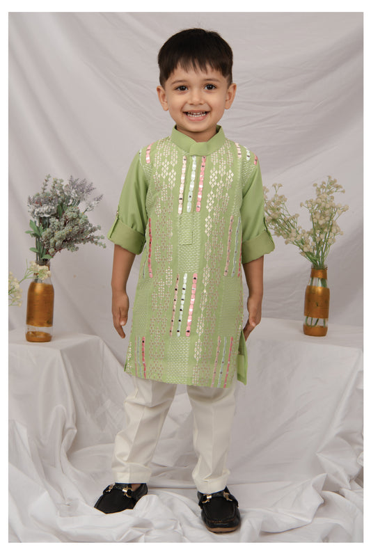 Blended Chiffon Georgette Mirror Work Embellished and Embroidered Full Sleeves Woven Pack of 2 Kurta Pajama Ethnic Set- Green