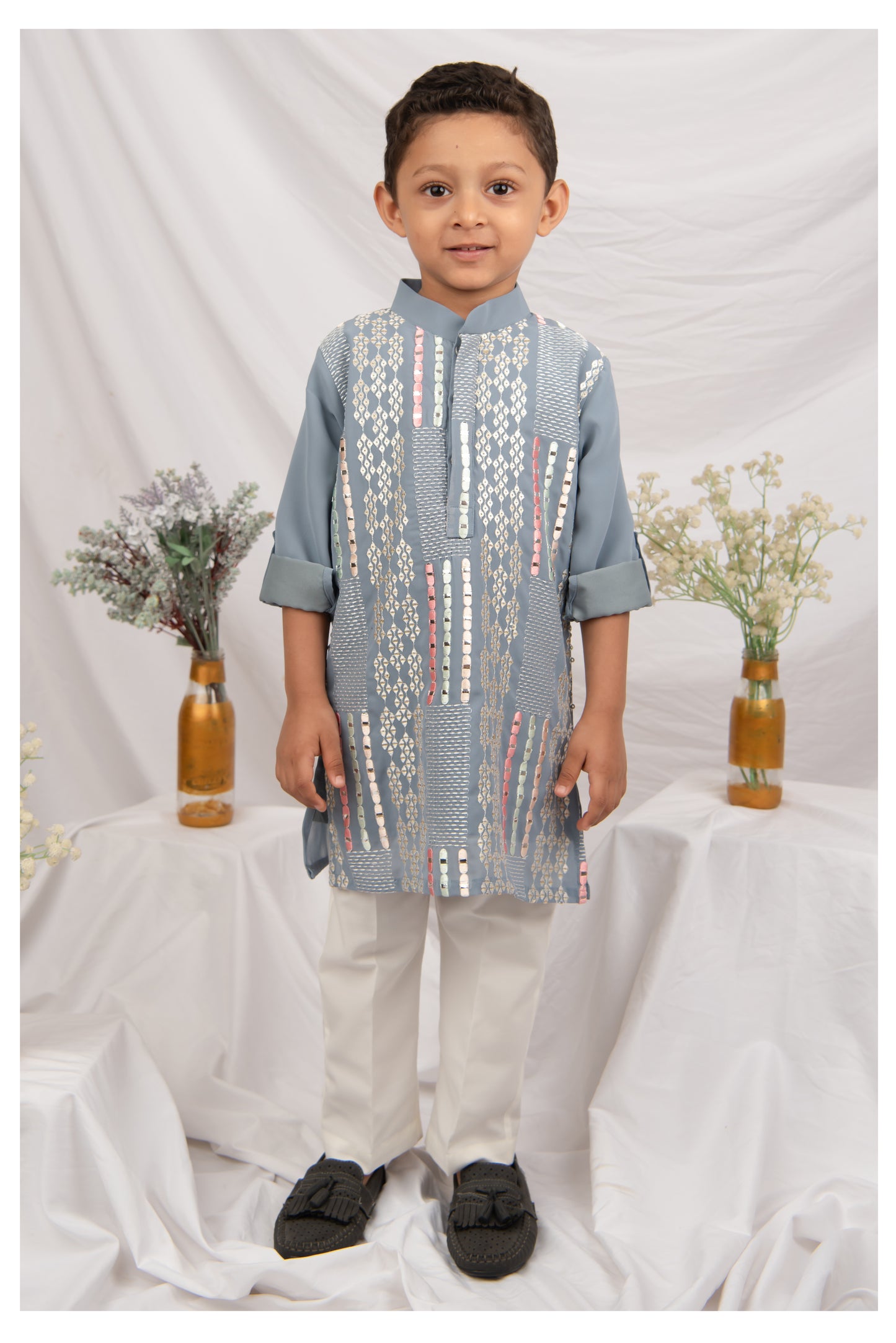 Blended Chiffon Georgette Mirror Work Embellished and Embroidered Full Sleeves Woven Pack of 2 Kurta Pajama Ethnic Set- Grey