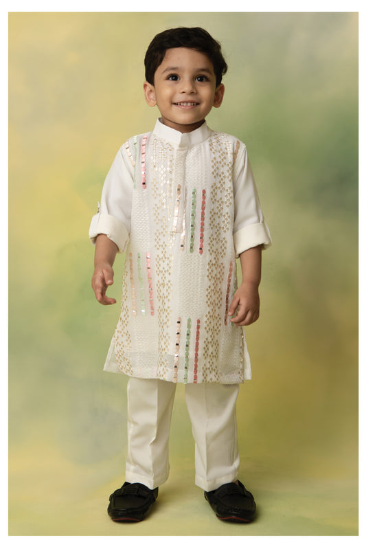 Blended Chiffon Georgette Mirror Work Embellished and Embroidered Full Sleeves Woven Pack of 2 Kurta Pajama Ethnic Set-  Off White