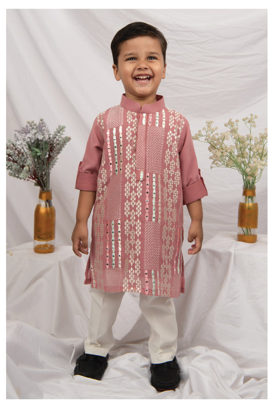 Blended Chiffon Georgette Mirror Work Embellished and Embroidered Full Sleeves Woven Pack of 2 Kurta Pajama Ethnic Set- Pink