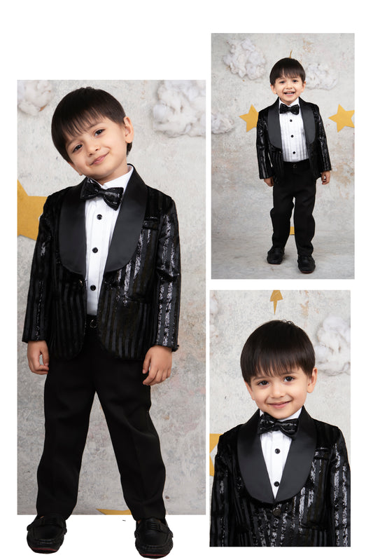 Velvet Woven Full Sleeves Striped Coat Pant with Tuxedo Shirt and Bow Formal Coat Set- Black