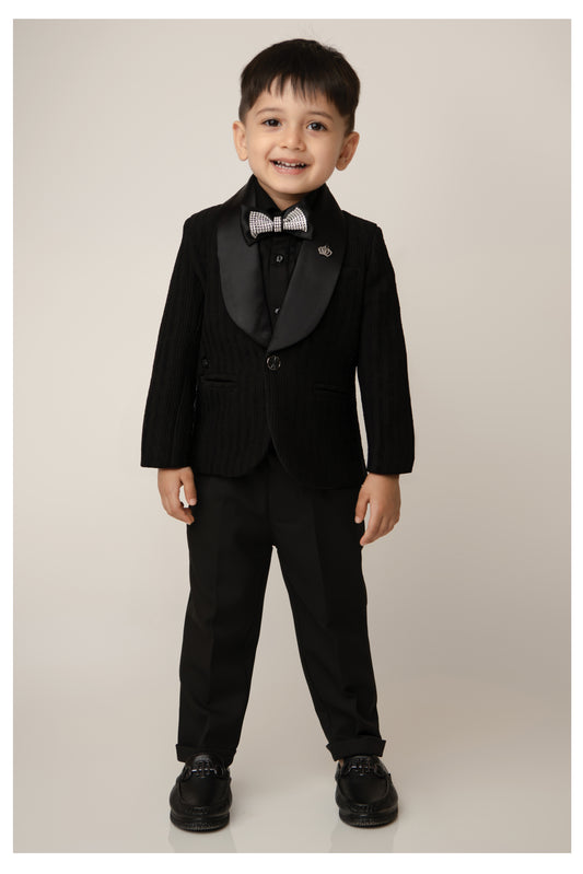 Velvet Woven Full Sleeves Abstract Geometric Jacquard Achkan Pajama Pants With Brooch Ethnic Set - Black