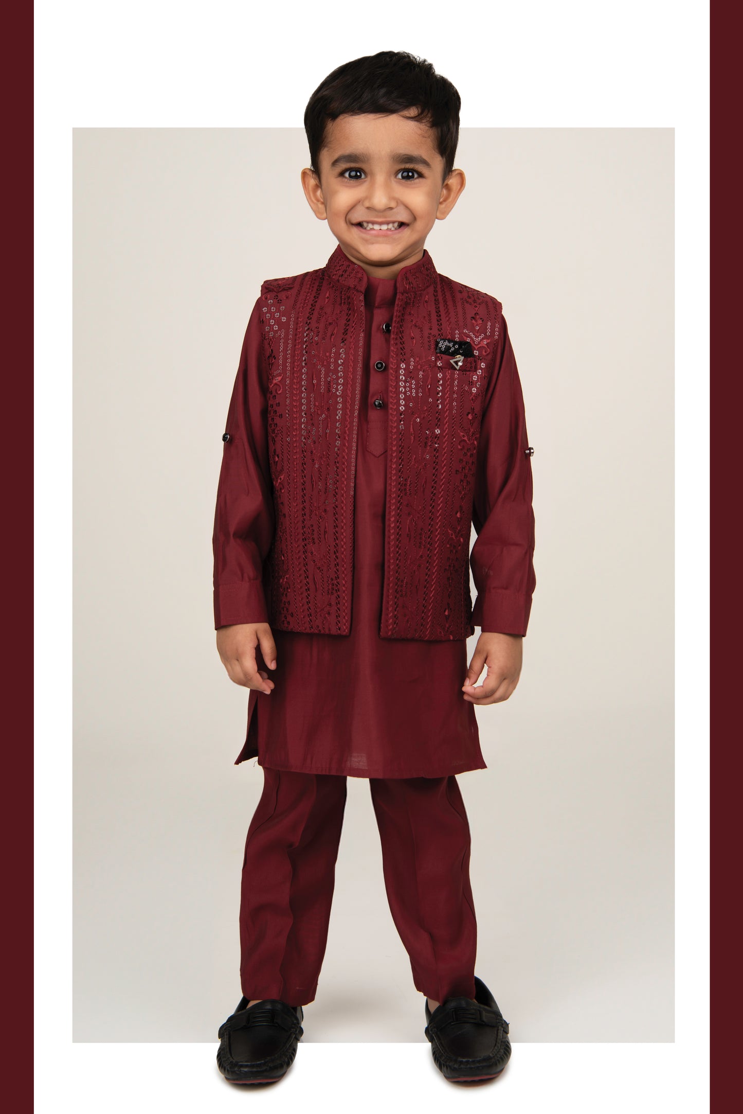 Silk Blend Woven Full Sleeves Pack of 4 Solid Kurta Pyjama With Sequin Embroidered Open Jacket and Brooch Pin Ethnic Set- Red