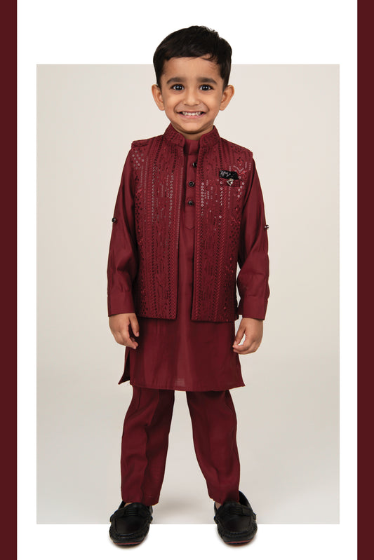 Silk Blend Woven Full Sleeves Pack of 4 Solid Kurta Pyjama With Sequin Embroidered Open Jacket and Brooch Pin Ethnic Set- Red