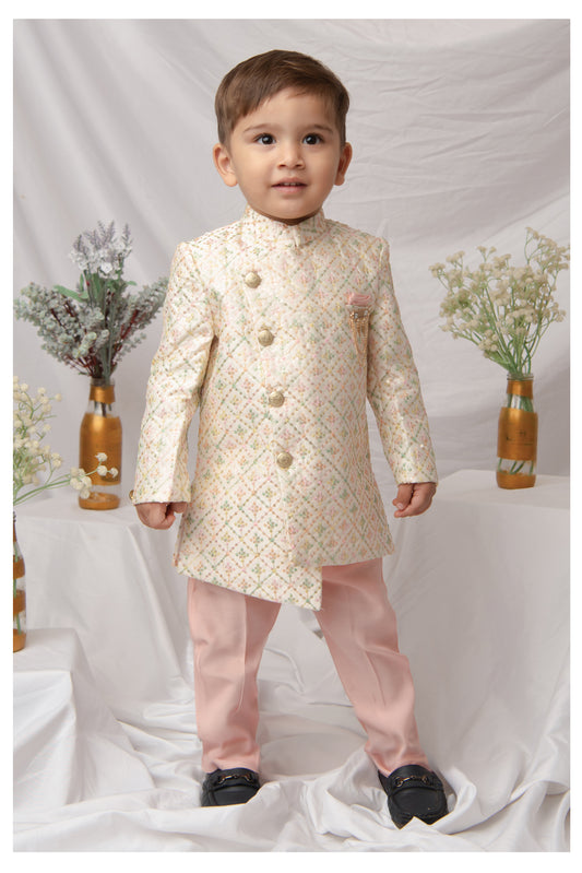 Blended Silk Woven Full Sleeves Sequins Embellished  &  Embroidered Achkan Pyjama Pant With Brooch Ethnic Set - Cream