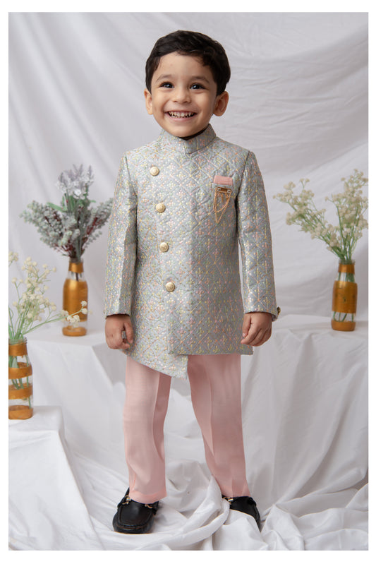 Blended Silk Woven Full Sleeves Sequins Embellished  &  Embroidered Achkan Pajama Pant With Brooch Ethnic Set - Grey