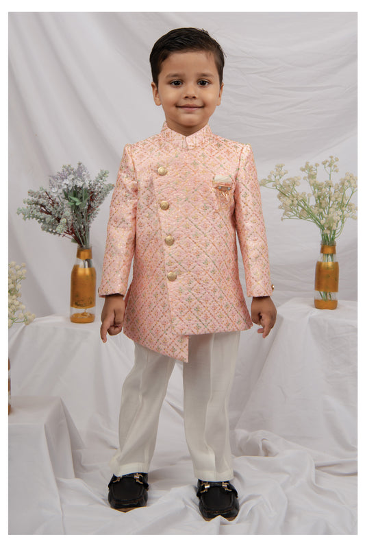 Blended Silk Woven Full Sleeves Sequins Embellished  &  Embroidered Achkan Pyjama Pant With Brooch Ethnic Set - Pink