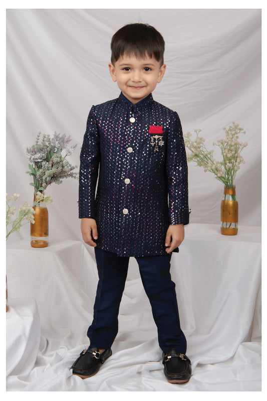 Little Collars Blended Silk Woven Full Sleeves Sequins Embellished and Embroidered Achkan Pyjama Pants with Brooch Partywear Set - Navy Blue
