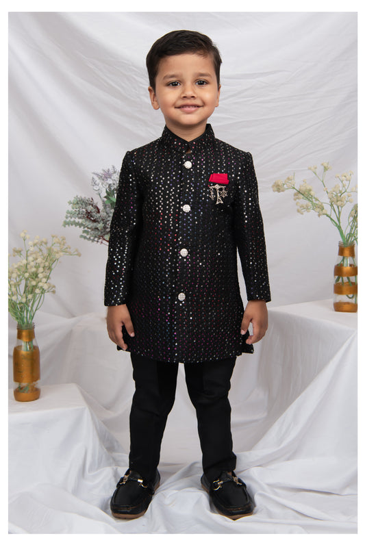 Little Collars Blended Silk Woven Full Sleeves Sequins Embellished and Embroidered Achkan Pajama Pants with Brooch Partywear Set - Black