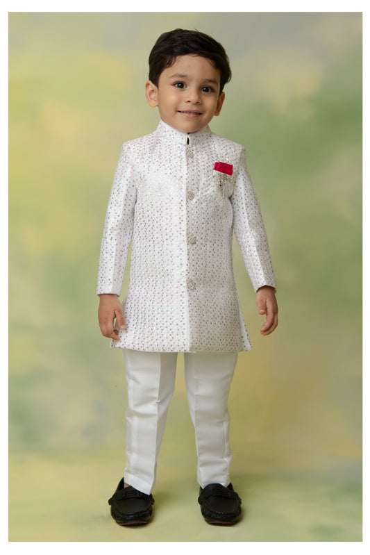 Blended Silk Woven Full Sleeves Sequins Embellished and Embroidered Achkan Pajama Pants with Brooch Partywear Set - White