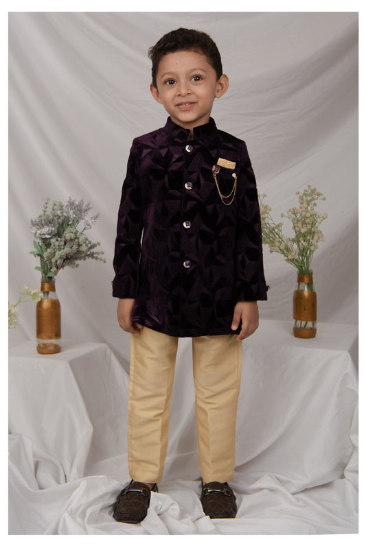 Velvet Woven Full Sleeves Abstract Geometric Jacquard Achkan Pajama Pants With Brooch Ethnic Set - Wine