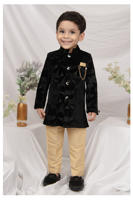 Velvet Woven Full Sleeves Abstract Geometric Jacquard Achkan Pajama Pants With Brooch Ethnic Set - Black