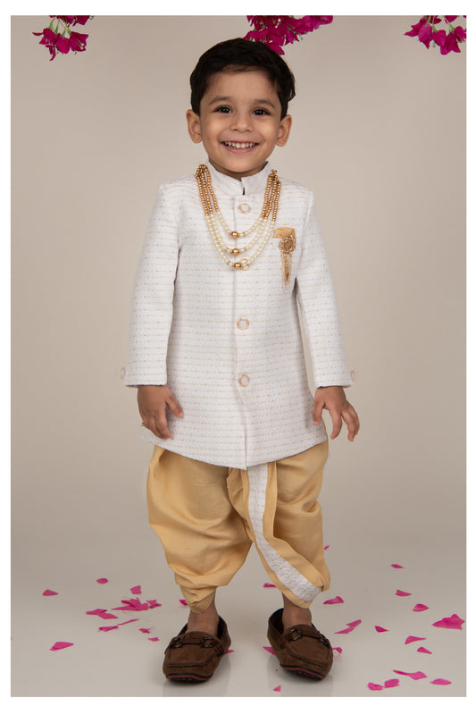 Blended Full Sleeves Self Design Jaquard & Zari Work Achkan & Dhoti Style Pant with Brooch and Necklace Ethnic Set- White