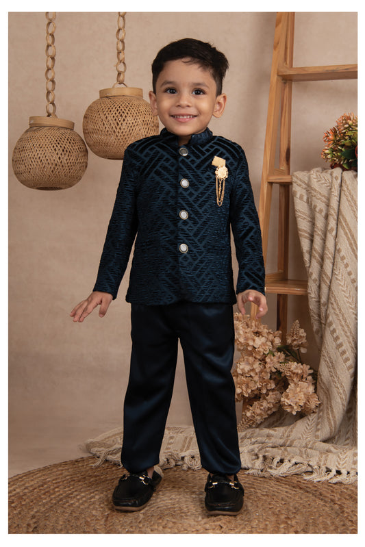 Velvet Woven Full Sleeves Self Textured Diagonal Design Prince Coat With Brooch & Solid Pant Party Wear Set - Blue