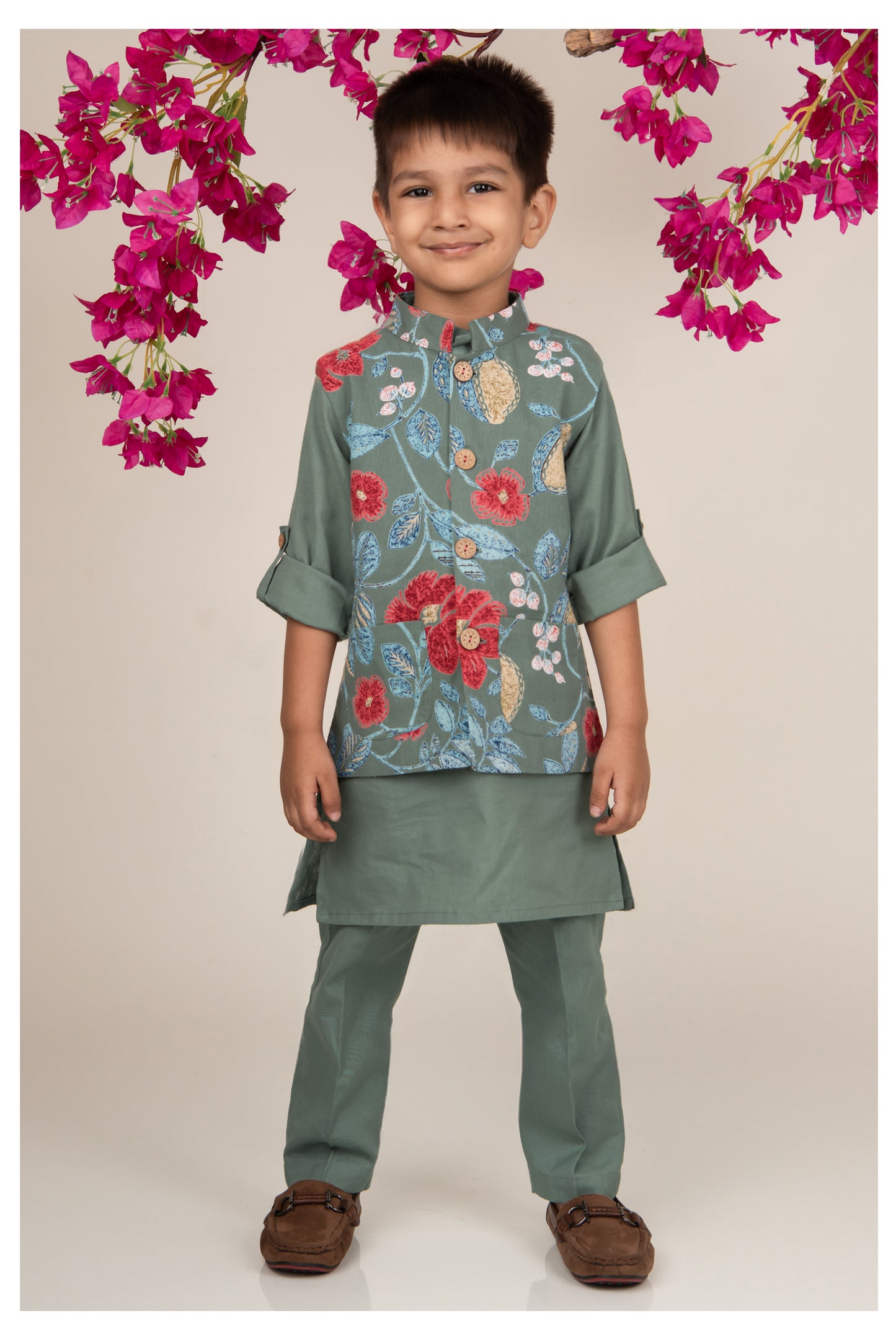 Organic Cotton Woven Full Sleeves Floral Printed Ethnic Jacket Kurta Pajama Set - Green