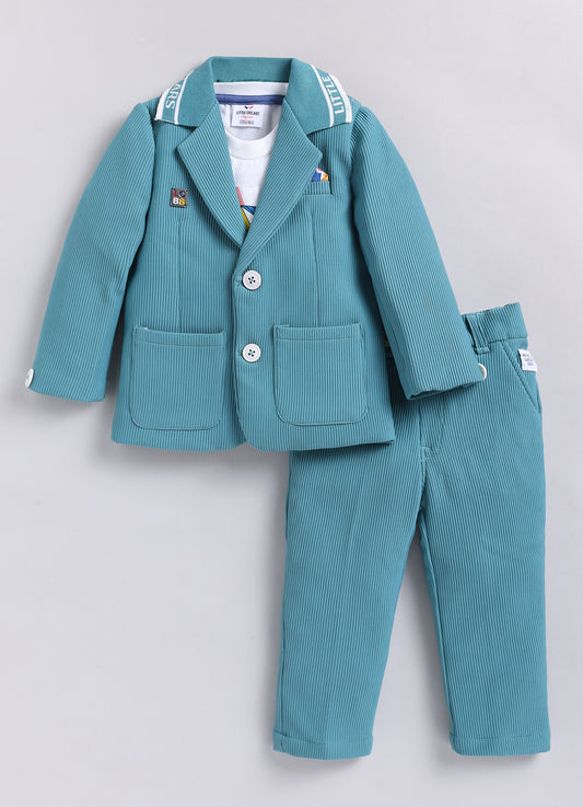 Boys Knitted Full Sleeves Solid Blazer with Bright T shirt, Matching Trousers Coord Set with keychain Coat Set - Green