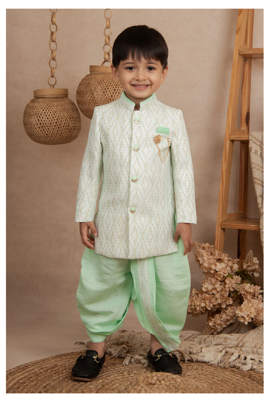 Blended Woven Full Sleeves Zari Work Embellished  & Abstract Embroidered Achkan With Dhoti Pant and Brooch Ethnic Set - Green