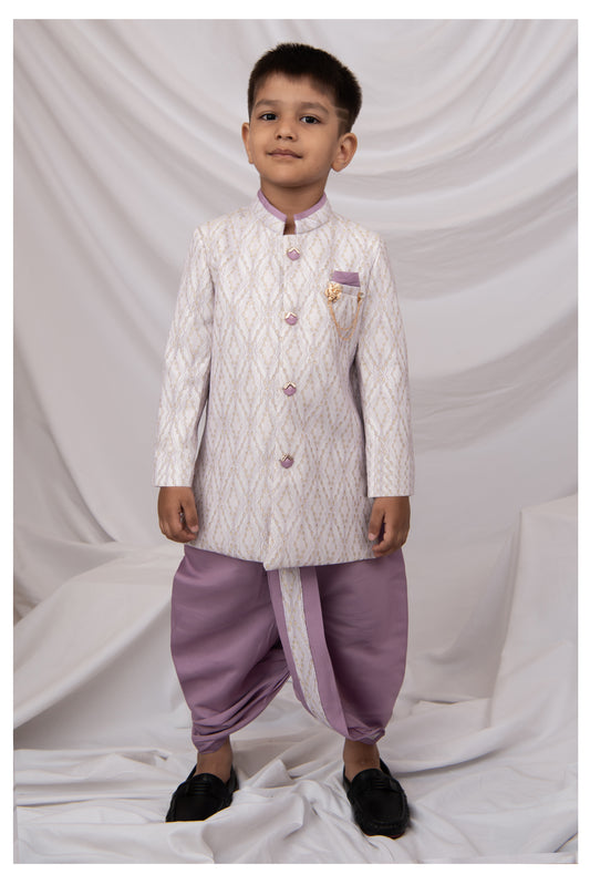 Blended Woven Full Sleeves Zari Work Embellished  & Abstract Embroidered Achkan With Dhoti Pant and Brooch Ethnic Set - Lavender