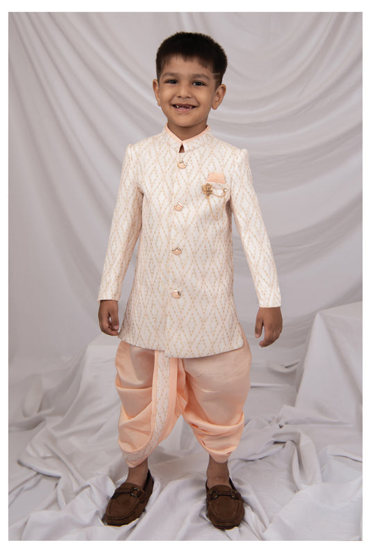 Blended Woven Full Sleeves Zari Work Embellished  & Abstract Embroidered Achkan With Dhoti Pant and Brooch Ethnic Set - Peach