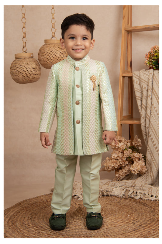 Blended Silk Full Sleeves Woven Sequins Embellished  & Abstract Embroidered Achkan With Pyjama and Brooch Ethnic Set - Green