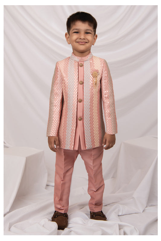 Blended Silk Full Sleeves Woven Sequins Embellished  & Abstract Embroidered Achkan With Pyjama and Brooch Ethnic Set - Peach