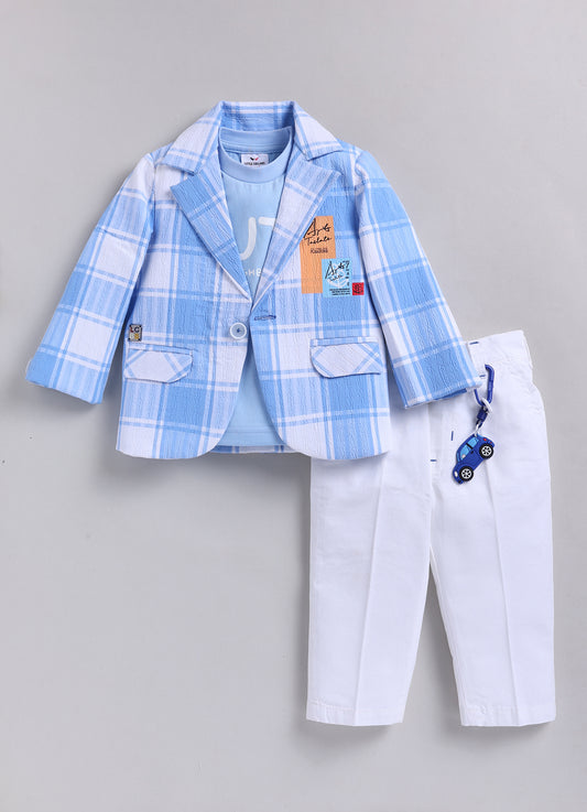 Boys Casual Summer Cool Checkered Blazer T-Shirt & Pant and Keychain Set - Blue
