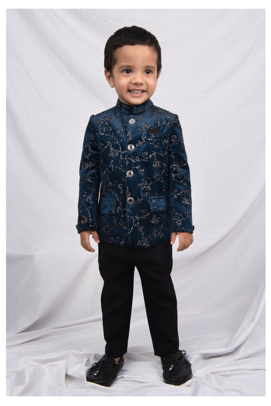Little Collars Velvet Woven Full Sleeves Self Textured Embroidered Prince Coat  & Solid Pant Party Wear Set - Blue