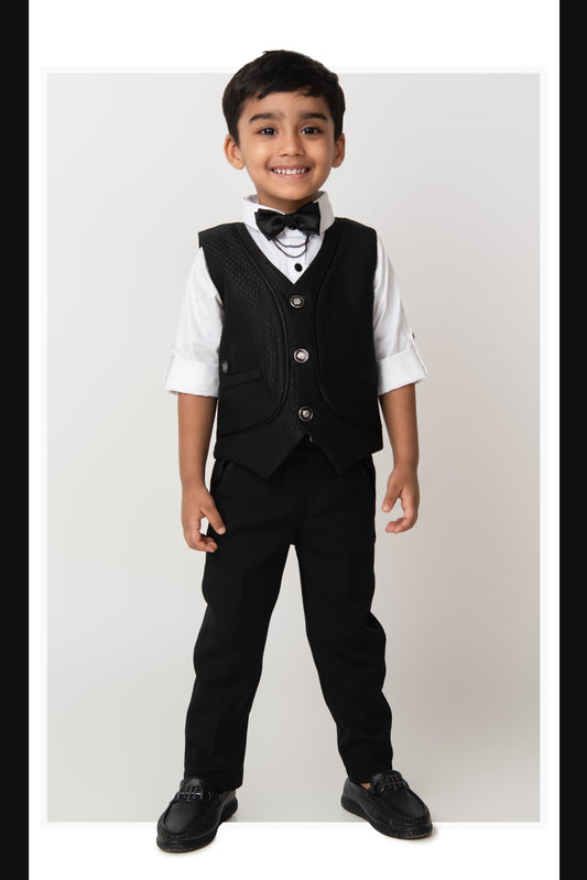 Collars Blended  Woven Full Sleeves Jaquard Waistcoat Pant with Shirt & Bow Partywear Set- Black