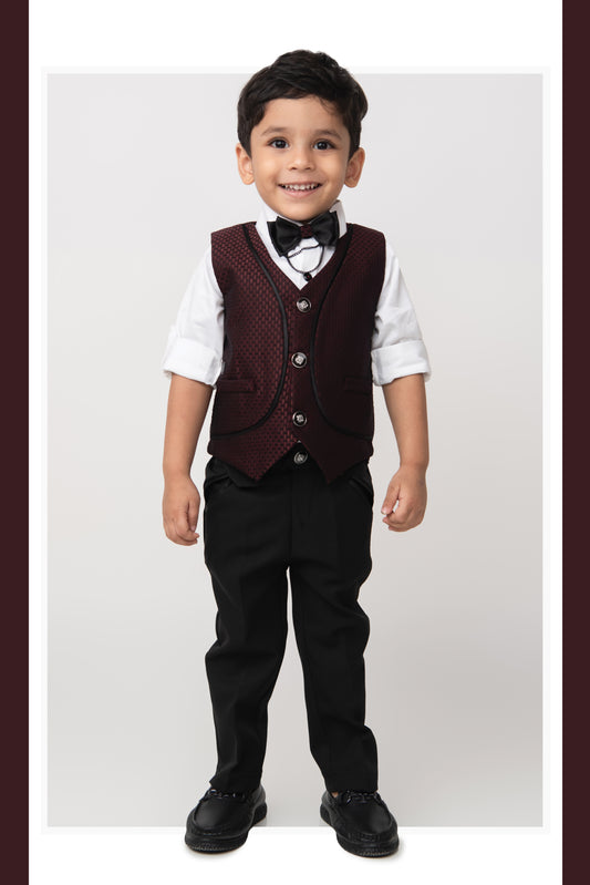 Blended  Woven Full Sleeves Jaquard Waistcoat Pant with Shirt & Bow Partywear Set- Maroon