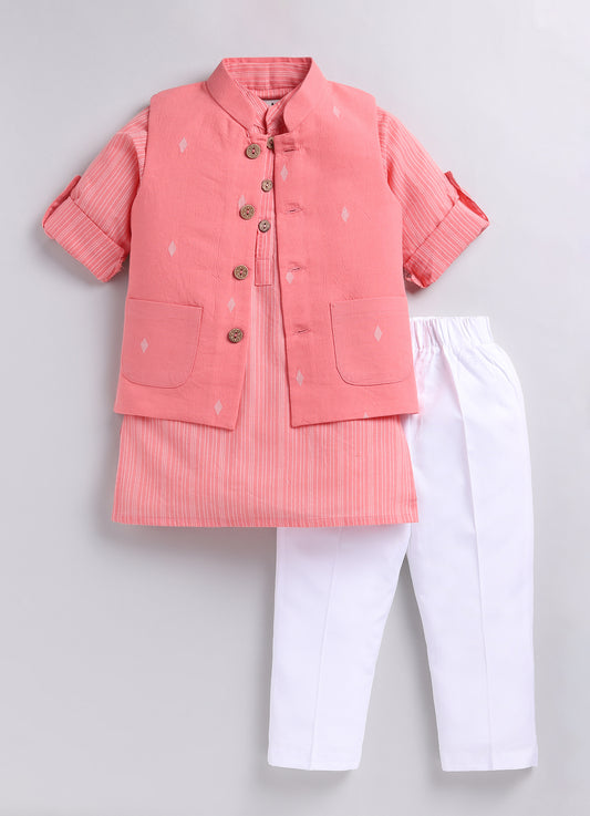 Boys Woven Nehru Jacket, Striped Kurta, Pajama Ethnic Set- PEACH