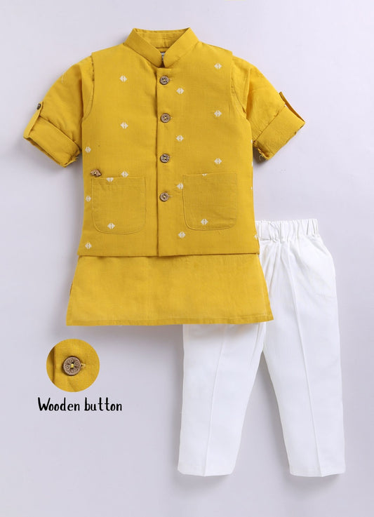 Boys Pure Cotton Nehru Jacket, Kurta, Pajama Ethnic Set - Mustard