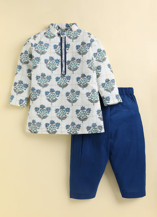 Boys 100% Cotton Jaipuri Floral Printed Full Sleeve Kurta with moti lace and Patiala Ethnic Set - Blue