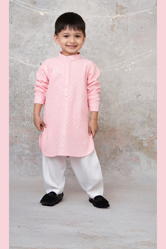 Silk Blended Woven Full Sleeves Pack of 2 Solid Embroidered Kurta Patiala Ethnic Set- Pink